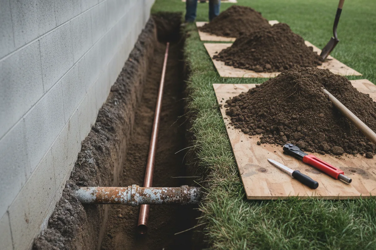 Excavated water line trench during Water Softener Installation in Dammeron Valley